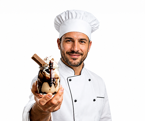 cocinero sosteniendo postre vaso kit kat